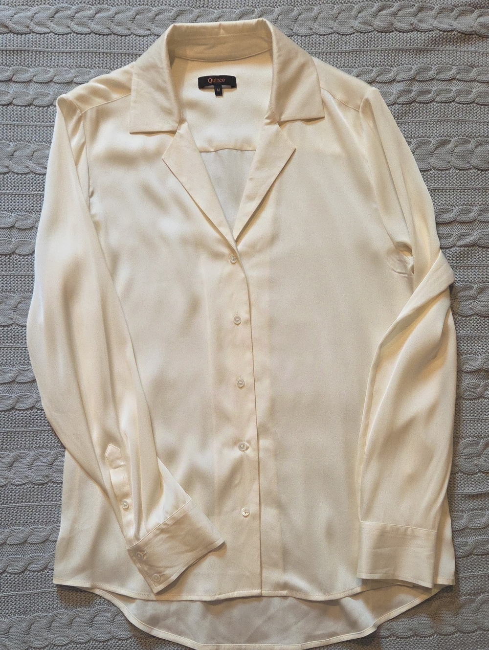 Quince Washable Stretch Silk Long Sleeve Notch Collar Blouse Top Cream Womens M - Picture 2 of 9